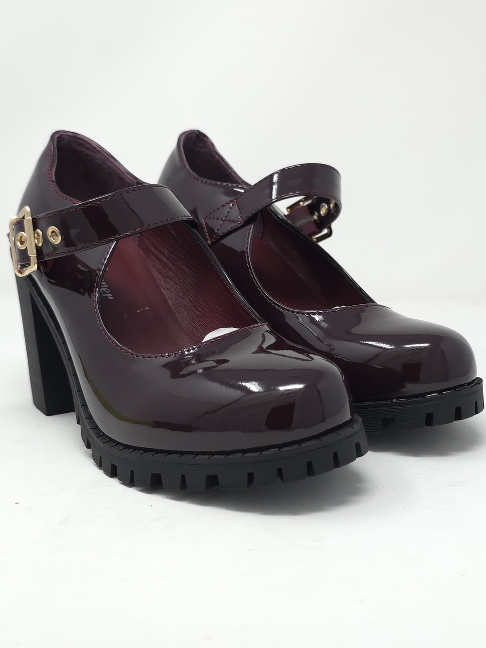 Burgundy Patent Faux Leather Mary Jane Platform Chunky Heel Lug Sole Trendy - Picture 2 of 11